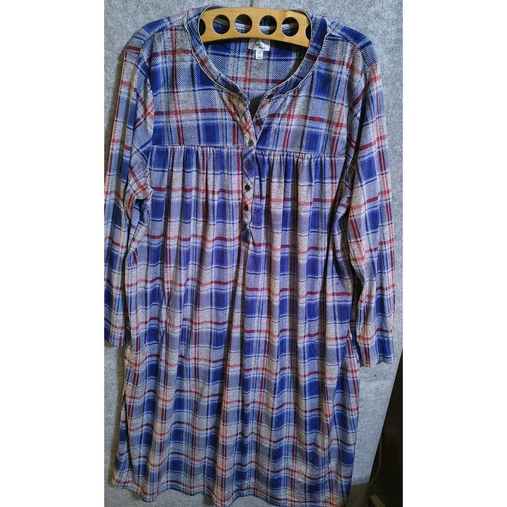 Aria Collection 2X 48"Blue Red Plaid Fleece Long 45" Nightgown SOFT Warm EUC